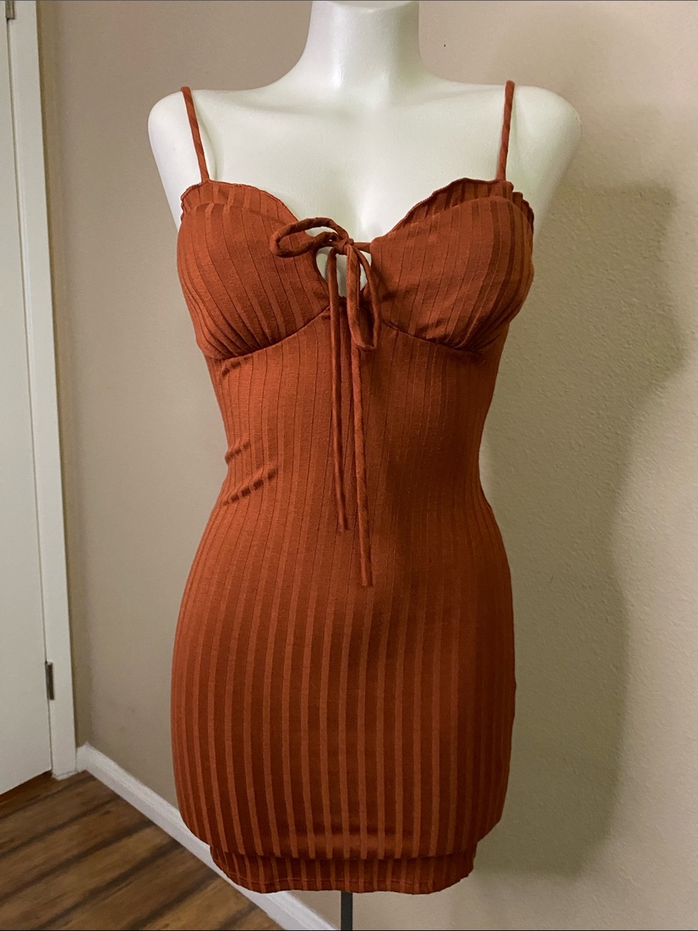 Papermoon rust stretch Ribbed Knit bra bustier bodycon dress S